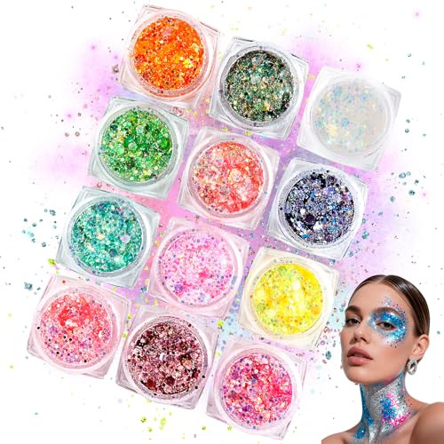 12 Couleurs Paillettes Visage Gel, Festival Briller Dans L'obscurité, Festival Accessoire Utiliser pour Visage Yeu, Paillettes Corps pour Maquillage Quotidien Musique, Masquerade, Halloween, Christmas