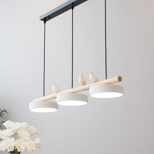KXEcoLife Lampadario lineare Moderno a LED a 3 luci per Tavolo da Pranzo, dimmerabile, lampadario a Striscia Lunga, Lampada a Sospensione in Legno con Decorazione a Forma di Uccello Nordico,