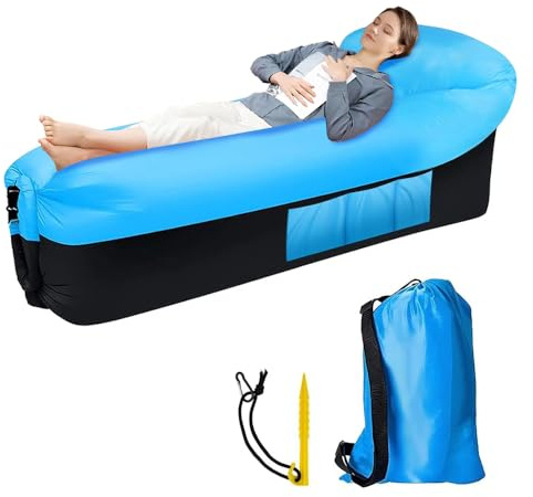 RNPKZ Inflatable Lounger Air Sofa, Portable Inflatable Air Sofa with Headrest Side Pockets and Carry Bag, Anti-Leak Waterproof Air Lazy Sofa, Inflatable Sofa Lounger for Park, Camping, Beach (Blue)