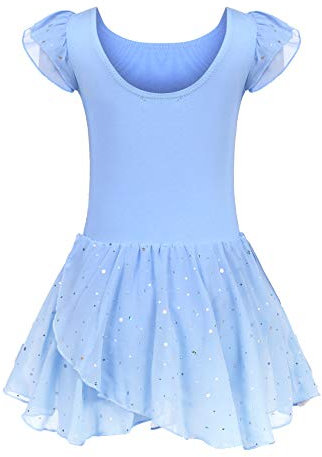 trudge Kinder Ballettkleidung Ballettkleid Mädchen Kurzarm Baumwolle Balletttrikot Ballettanzug Tanzkleid Tanzbody mit Rock Tütü, 120, Blau