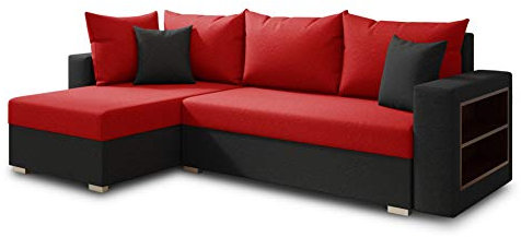 Ecksofa Lord mit praktischen Regal - Sofa mit Bettkasten und Schlaffunktion, Schlafsofa, Polsterecke, Couch L-Form, Couchgarnitur, Sofagarnitur (Schwarz + Rot (Alova 04 + 46), Ecksofa Links)