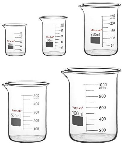 stonylab Labor Becherglas Set, Borosilikatglas Griffinbecher mit Graduierung in Niedriger Form in 5 Größen, 50ml/100ml/250ml/500ml/1000ml (1L), Kombipackung