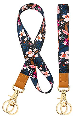 Schlüsselband für das Handgelenk Schlüsselband Lanyard Umhängeband 2 Stücke mit 4 Schlüsselbund Für Ausweishalter, Handy, Schlüssel, Geldbörsen(Pink Flower)