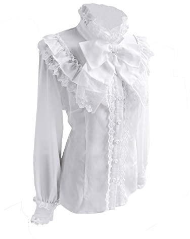 COMBACK Victorian Blouse Women’s Gothic Lolita Renaissance Shirt Vintage Long Sleeve Lotus Ruffle (X-Large, White)