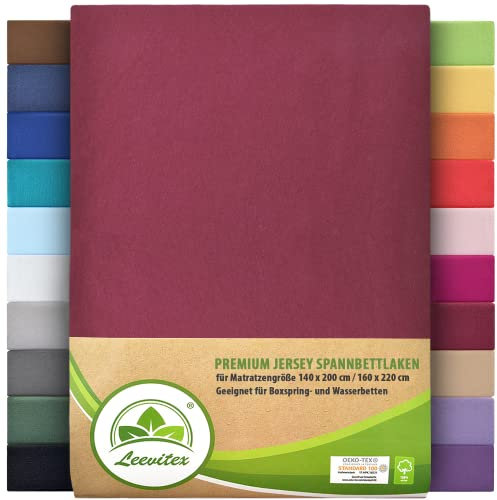 Premium Spannbettlaken, extra schwer und dick, 97% Mako-Jersey-Baumwolle und 3% Elasthan, auch Boxspringbett geeignet, 140 x 200-160 x 220 cm, Bordeaux/Weinrot