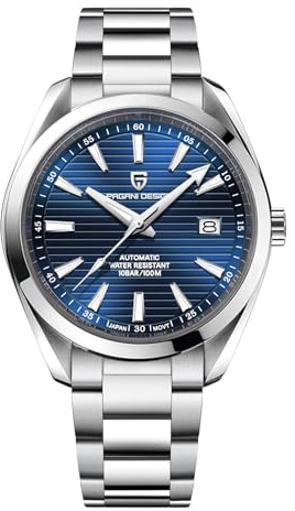 PAGRNE DESIGN Herren Automatikuhr Japan Uhrwerk Saphirglas Edelstahlarmband 100 Meter wasserdicht Sportuhr… (Steel Blue)