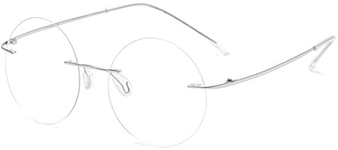 KOOSUFA Titan Runde Randlose Brillengestelle Blaulichtfilter Brille Mode Computerbrille Herren Damen Metallrahmen Ultra Leicht Gaming Brillenfassung Brille ohne Stärke Silber