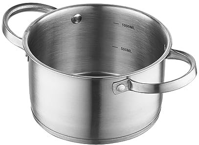 FLORINA Pentola in Acciaio Inossidabile (1,2 l) 14 cm I Pentola con Coperchio in Vetro I Con Misurino e Manici Ribattuti I Fondo a 3 Strati I Adatta alla Lavastoviglie I Induzione, Gas ed Elettrico