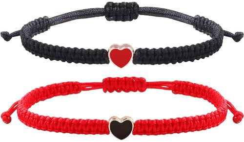 2pcs String Bracelet,Valentines Day Matching Heart Bracelets Set Handmade Woven Bracelets Adjustable Rope Bracelets for Teen Girls Boy Couples Birthday Gifts (black and red)