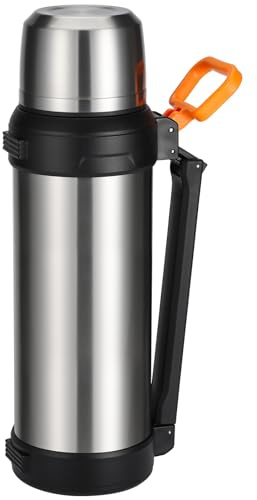 MUCR 88oz Large Coffee Thermo for Travel, 2500ml Insulated Stainless Steel Water Bottle with Cup and Handle, Water Jug for 24hr Hot and Cold drinks, Vacuum Flask for Camping, Fishing & Working, Silver