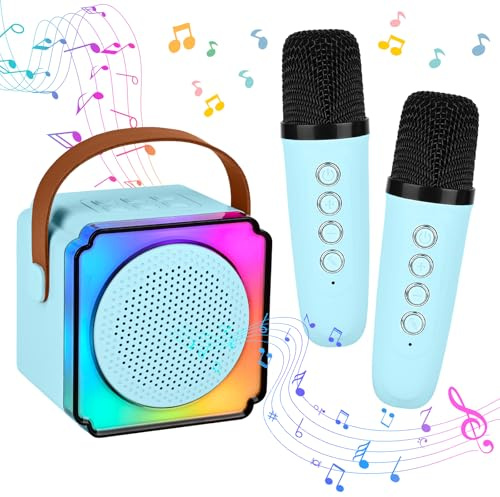Diealles Shine Microfono Karaoke Bambini, Mini Karaoke Con 2 Microfoni, Portatile Cassa Con Microfono Bambini Con Luce LED, Karaoke Bambini Giocattoli per 5-12 Anni (Blu)
