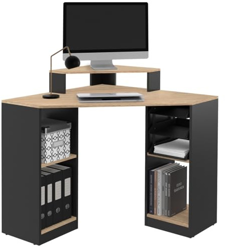 IDMarket - Eckschreibtisch Harry schwarz und Buchenholzoptik platzsparend Computertisch mit Ablagen