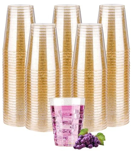 ZkateTrade 50 vasos de plástico duro con purpurina dorada, 300 ml, vasos de plástico transparentes reutilizables para fiestas, bodas, cumpleaños