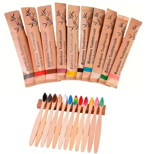 IMAXWAVE Kit de 10 Cepillos de Dientes de Bambú Biodegradables, Cepillos dentales ecológicos, pack de cepillos de bambú, Ideal para uso familiar, Multicolor, Diseño Natural