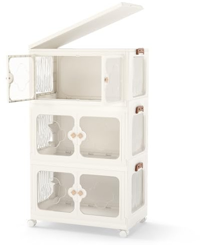 GOPLUS Caja de Almacenamiento Plegable con Tapa 159/212/265 L, Organizador Apilable con 4 Ruedas Universales y Puertas Transparentes, Armario de PP para Almacenaje y Exhibición (3 Cajas)