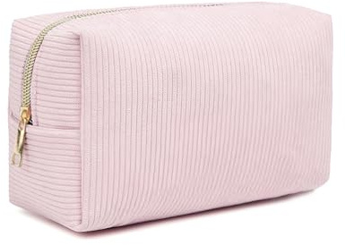 Small Make up Bag - Corduroy Cosmetic Bags with Metal Zipper, Portable Makeup Pouch for Brushes & Skincare, Gift for Women & Teens, 18x11x7cm(Pink)