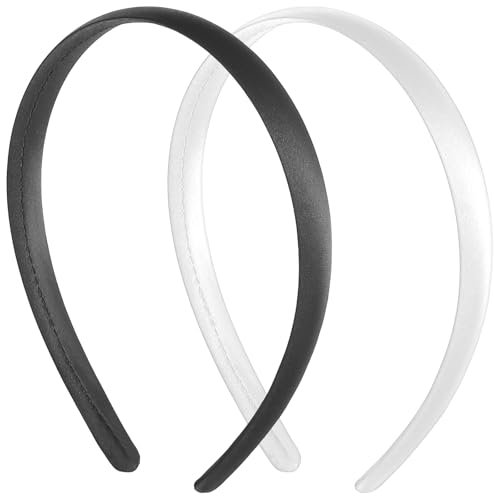2 cerchietti per capelli in raso, da donna, antiscivolo, alla moda, tinta unita, larghi, elastici, in tinta unita, accessori per costumi fai da te, vacanze, cosplay, vacanze, Halloween (nero, bianco