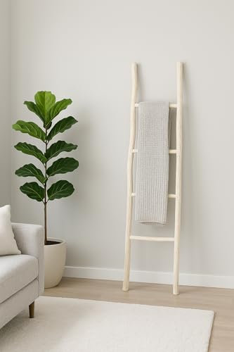 Biscottini Escalera toallero baño 148 x 36 x 3 – Escalera decorativa de madera – Escalera de madera para colgar toallas – Escalera toallero de bambú – Escalera toallero de pared de metal