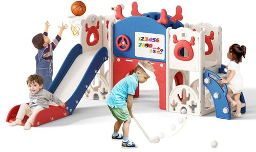 11 in 1 Elk theme Children's Slide for 1-3 Years, Baby Slide with children's golf sets, basketball stands, drawing boards, etc, Toddler Slide(11 in 1 track-blue red)