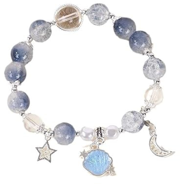 CIUOSUN Shell Glass Crystal Bracelet with Star Moon Charms, Handmade Beaded Bracelet for Women, Fashion Celestial Jewelry Gift