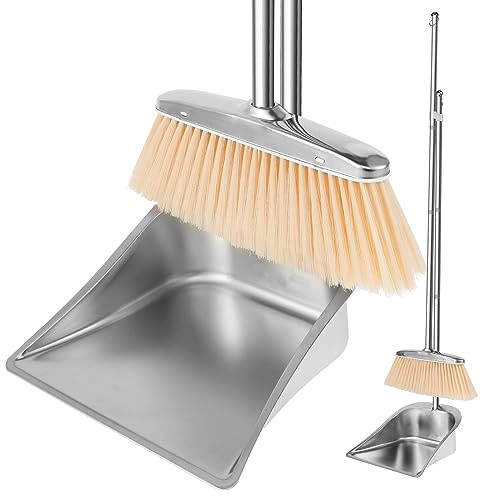 Set di scopa e paletta con manico lungo, 118 cm, in acciaio inox, con pala e scopa, regolabile, altamente efficiente, pulizia esterna, per la pulizia di casa, ufficio, veranda