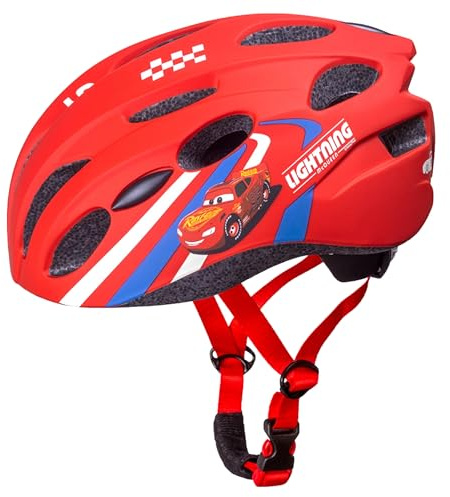 Casco da bicicletta per ragazzi SICURO e LEGGERO, REGOLABILE 52-56 cm, SPORTIVO Casco per bambini, ventilato, PROTEZIONE DELLA TESTA (DISNEY Cars)