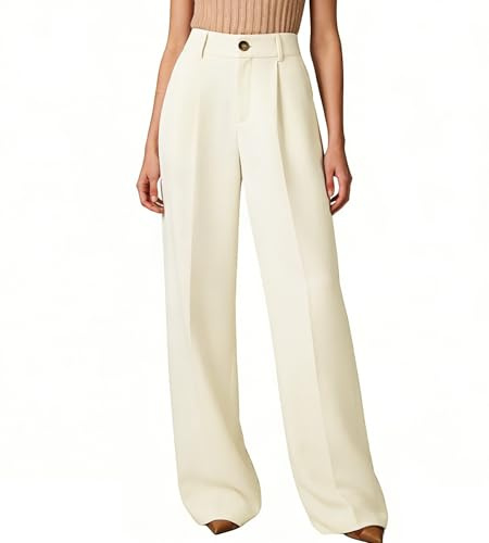 Neteson Pantalons Bureau Femme Elegant Fluide Pantalon Ample Décontractés | Pantalon Jambes Larges Taille Haute Pantalons Elastique avec Bouton Poches