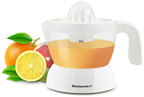 Elite Gourmet ETS-411 BPA-Free 30-Watt Electric Citrus Juicer Extractor: Compact Large Volume Pulp Control Oranges, Lemons, Limes, Grapefruits with Easy Pour Spout, 16 oz, White