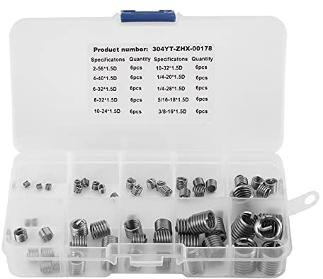 60pcs 304 Stainless Steel Wire Screw Sleeve Thread Repair Kit Assortment for Low Strength Materials 2-56 to 3/8-16 Size