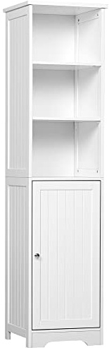 kleankin Armario Alto de Baño de 5 Niveles Columna Auxiliar de Baño con 3 Estantes 1 Puerta y Balda Interior Ajustable 40x38x160 cm Blanco