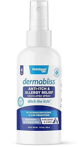 Vetnique Dermabliss Anti Itch Spray for Dogs & Cats with Hydrocortisone for Allergies and Immediate Dog Itching Skin Relief - Fragrance Free with Soothing Oat Extract (4oz)