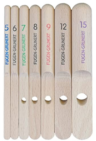 FUGEN-GRUNERT® Profi Glättfinger Set 8-teilig I Silikon Abzieher von 5-15mm Breite I 4-in-1 Fugenwerkzeug für Rundfugen mit (Halb) Kugel für perfekte Ecken I integrierter Dosier-Cut (Glättholz-Set)