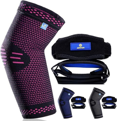 ABYON Ellenbogenbandage für Damen, Kompression Ellenbogen Bandage (1 Stücke) mit Tennisarm Bandage (2 Stücke) für Tennisarm, Golferarm, Arthritis, Sehnenentzündung (Rosa, M)