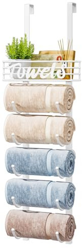 HapiRm Over Door Towel Rail-Towel Storage Rack Wall Mounted with Metal Shelf, 6-Tier Over Door Towel Rack, Towel Holder, White