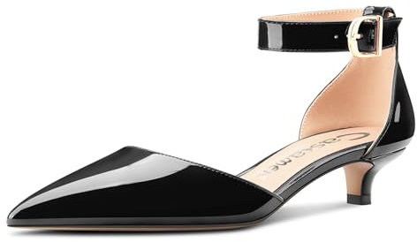 Castamere Damen Kitten Absatz Heel Geschlossene Spitze Zehenkappe Knöchelriemen Pumps Two-Piece Schnalle Dress Schuhe 3.5 cm Heels Schwarz 38 EU