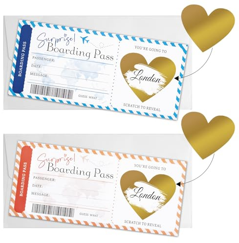 2 PCS Scratch Card Reveal Holiday Surprise Personalised Boarding Pass Scratch Card with Envelope and heart Scratch Card Stickers, Where We Are Going on Holiday Boarding Pass Surprise Trip Reveal