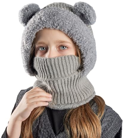 TAGVO Fille Garçon Cagoule Hiver, Balaclava Casquette Polaire Mignon Animal Thermique Bonnet Écharpe Ensamble Enfant Chaud Cache Cou Oreilles Chapeaux pour 4 à 10 Ans