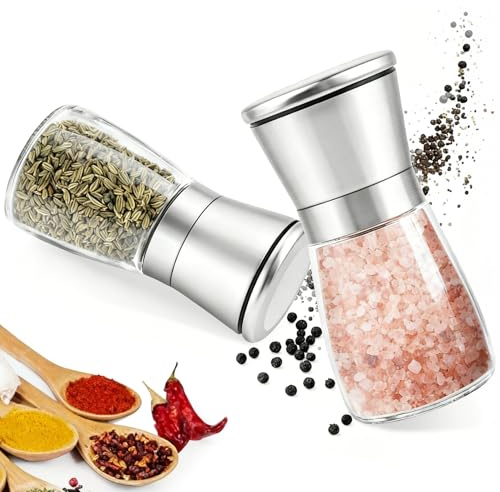xolear Juego de 2 Molinillo Pimienta, Molinillos de Sal y Pimienta Ajustable con Núcleo Abrasivo Cerámico, Especias Molinos Manuales de Acero Inoxidable y Vidrio, 180 ml para Diferentes Usos