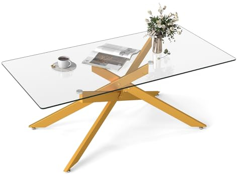 COSTWAY Soffbord i härdat glas, rektangulärt glasbord med metallrörram, vardagsrumsbord, modernt soffbord för vardagsrum och kontor, 120 x 60 x 45,5 cm (guld)