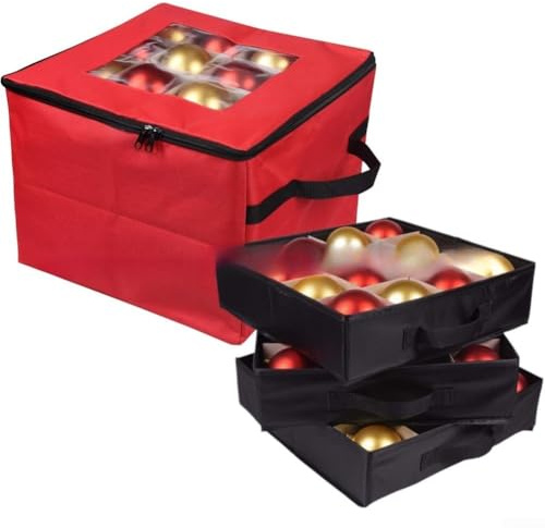 Scatola di smistamento ornamentale per Natale, con 3 vassoi impilabili e divisori integrati per riporre fino a 48 palline decorative (rosso)