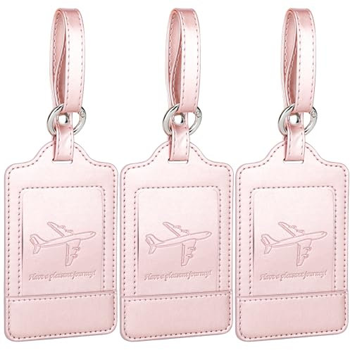 Teskyer 3 Pièces Etiquette Valise, Etiquette Bagage Valise, Voyage Avion, cuir PU, Durable, Esthétique, aide à l' Identification, Protection de la vie Privée, Or Rose