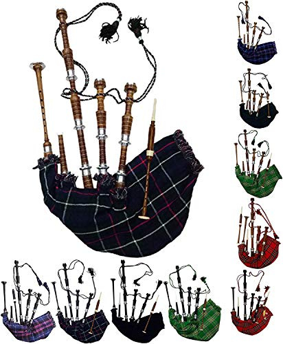 AAR Scottish Bagpipe Rosewood Royal Stewart Tartan Natural Color with Silver Plain Mounts Free Tutor Book, Carrying Bag, Drone, Reeds