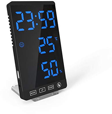 DollaTek Smart Mirror LED CLock Decorativo caricatore del telefono Sveglia Orologio digitale con luminosità a 4 livelli con display della temperatura meteorologica - guscio nero e digitale blu