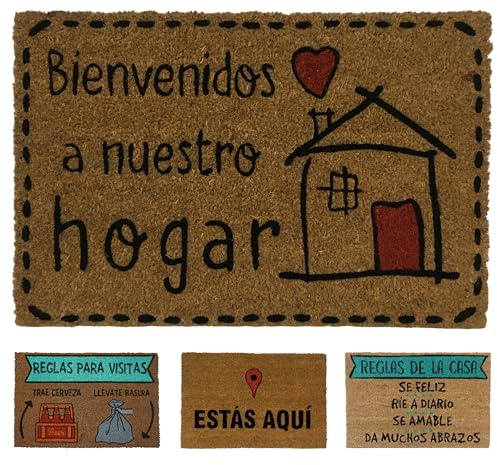 koko doormats Felpudo Original de Coco Natural “Bienvenidos a Nuestro Hogar” | Alfombra de Entrada Antideslizante para Exterior e Interior | 60x40 cm | Diseño Divertido | Base PVC Segura