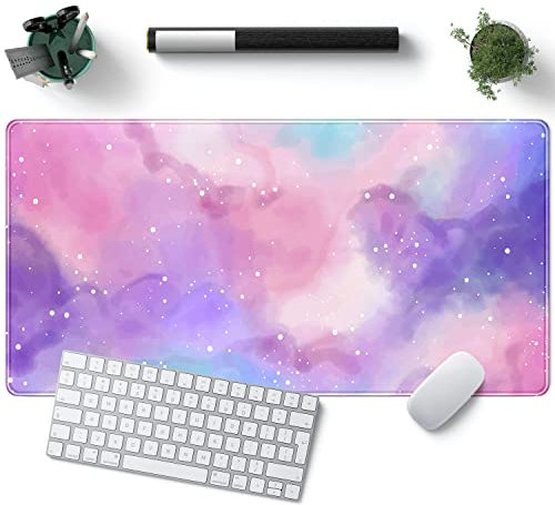 Schreibtischunterlage, Mauspad, Motiv: violetter Sternenhimmel, niedlich, Galaxie, für Gaming, Mädchen, rosa, Schreibtischdekoration, Tastatur-Schreibtischmatte, genähte Kanten, rutschfeste