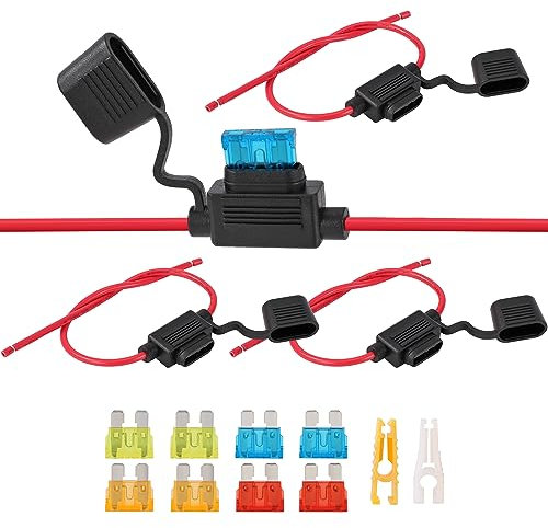 Auto Sicherungshalter Wasserdichte 12V-32V Kfz Flachsicherungshalter 14AWG mit 8 pcs Flachsicherungen 5/10/15/20A für Auto Lkw Motorrad Boot schwarz