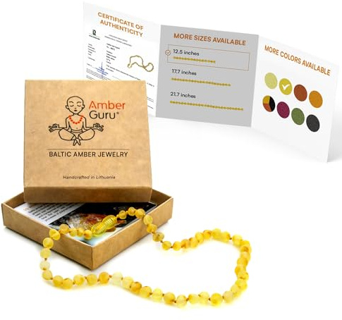 Amber Guru Baltic Amber Necklace (Authentic, Certified) - 12.5 inches - Unisex Jewelry - Raw/Unpolished Real Amber Beads - Proud to Deliver Genuine Baltic Sea Wonder Handmade (Lemon)