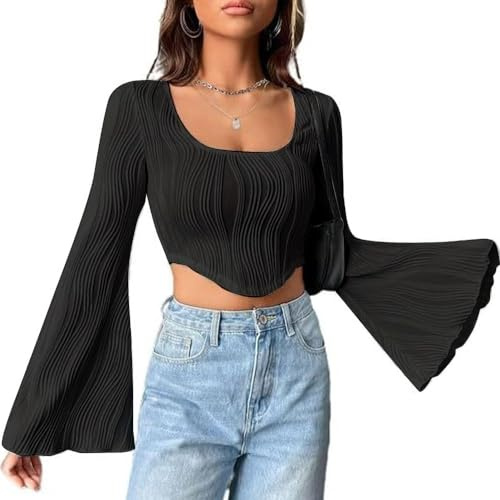 QKEPCY Crop Top Donna Y3K Manica Lunga Sexy Party Tunica Basic T-Shirt Camicetta Collo Rotondo Top Streetwear(M)