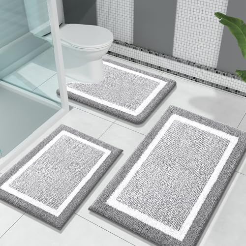 OLANLY Bathroom Rugs Sets 3 Piece, Soft Absorbent Microfiber Bath Mats and U-Shaped Contour Toilet Rug, Home Decor Accessories, Non-Slip, Bath Mat Set for Bathroom (30x20+24x16+24x20, Grey)