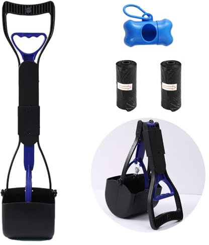 Tragbare Hundekotschaufel Set mit Abfallsackspender und Abfallsack, 45cm Faltbarer Langer Griff Hundekotgreifer, Pooper Scooter für Große, Kleine Hunde (Blau)
